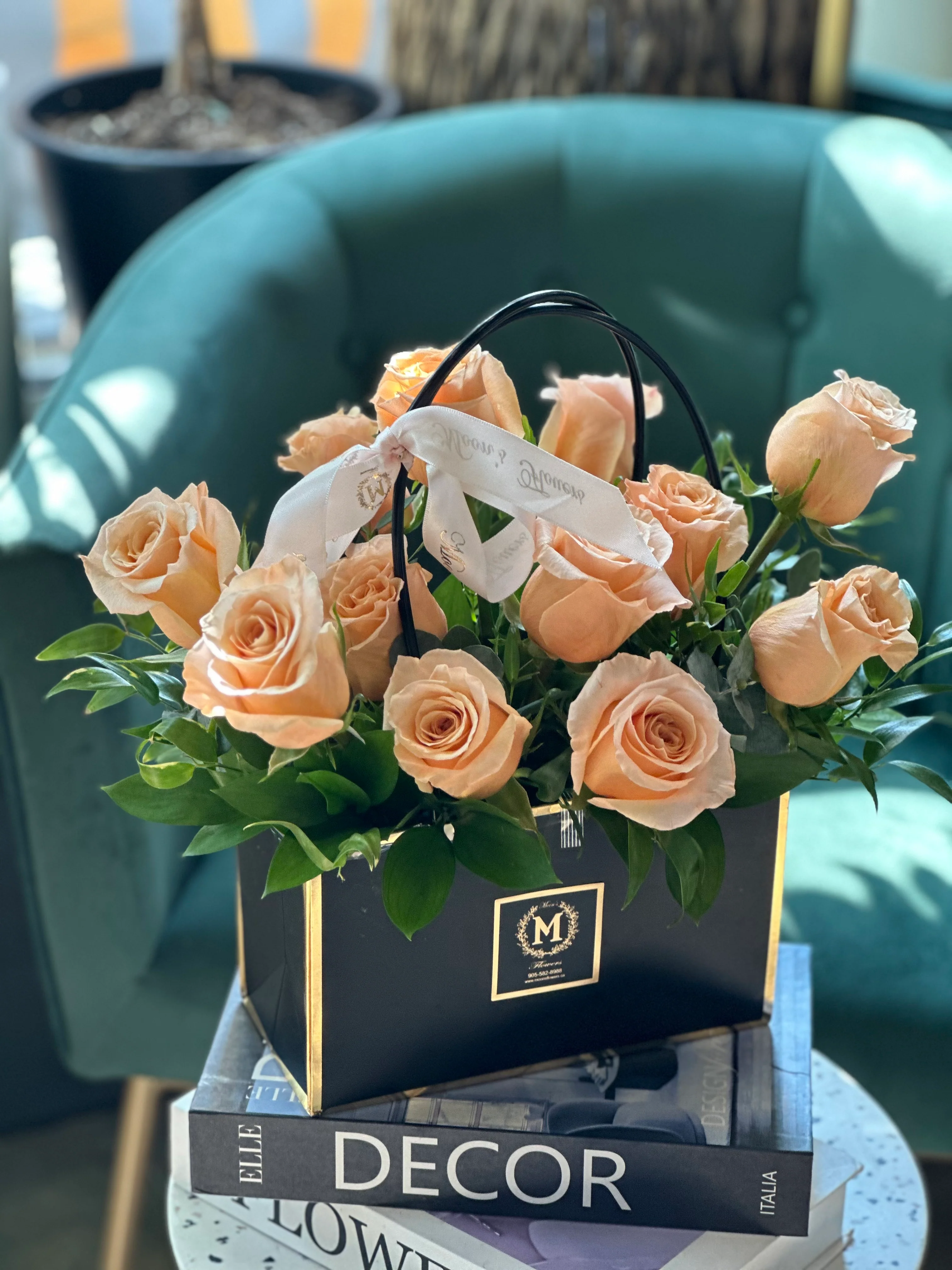 Dozen Peach Roses - Basket of Love