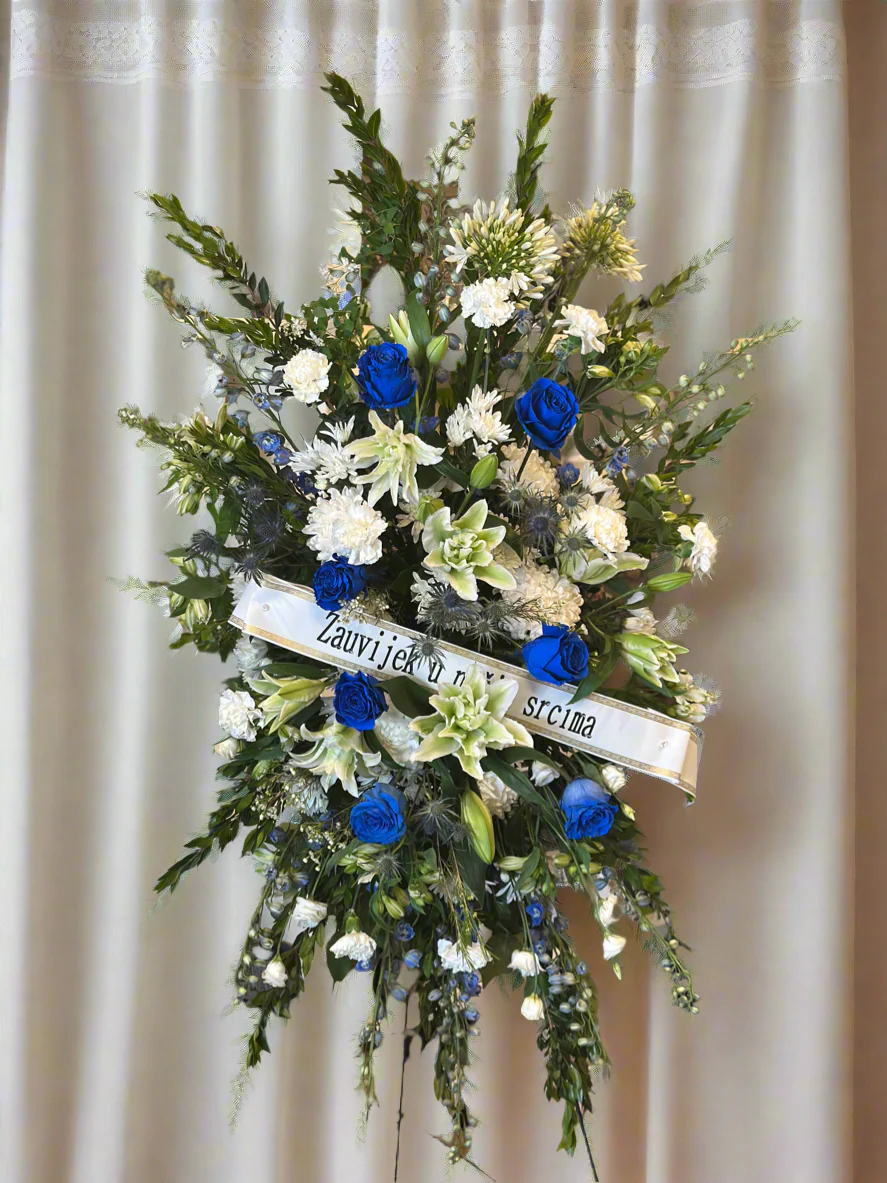 White & Blue Standing Funeral Spray
