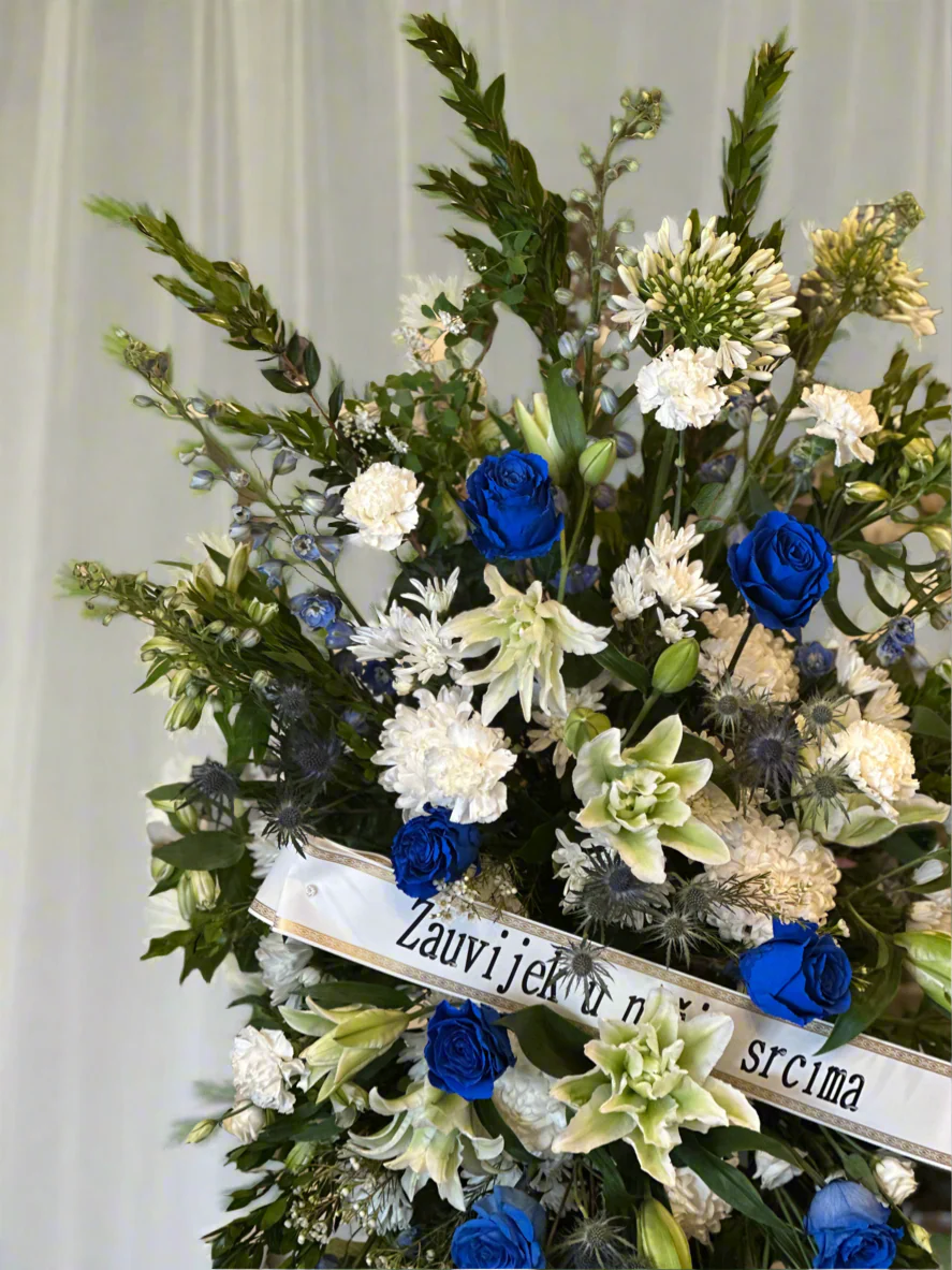 White & Blue Standing Funeral Spray - Image 2
