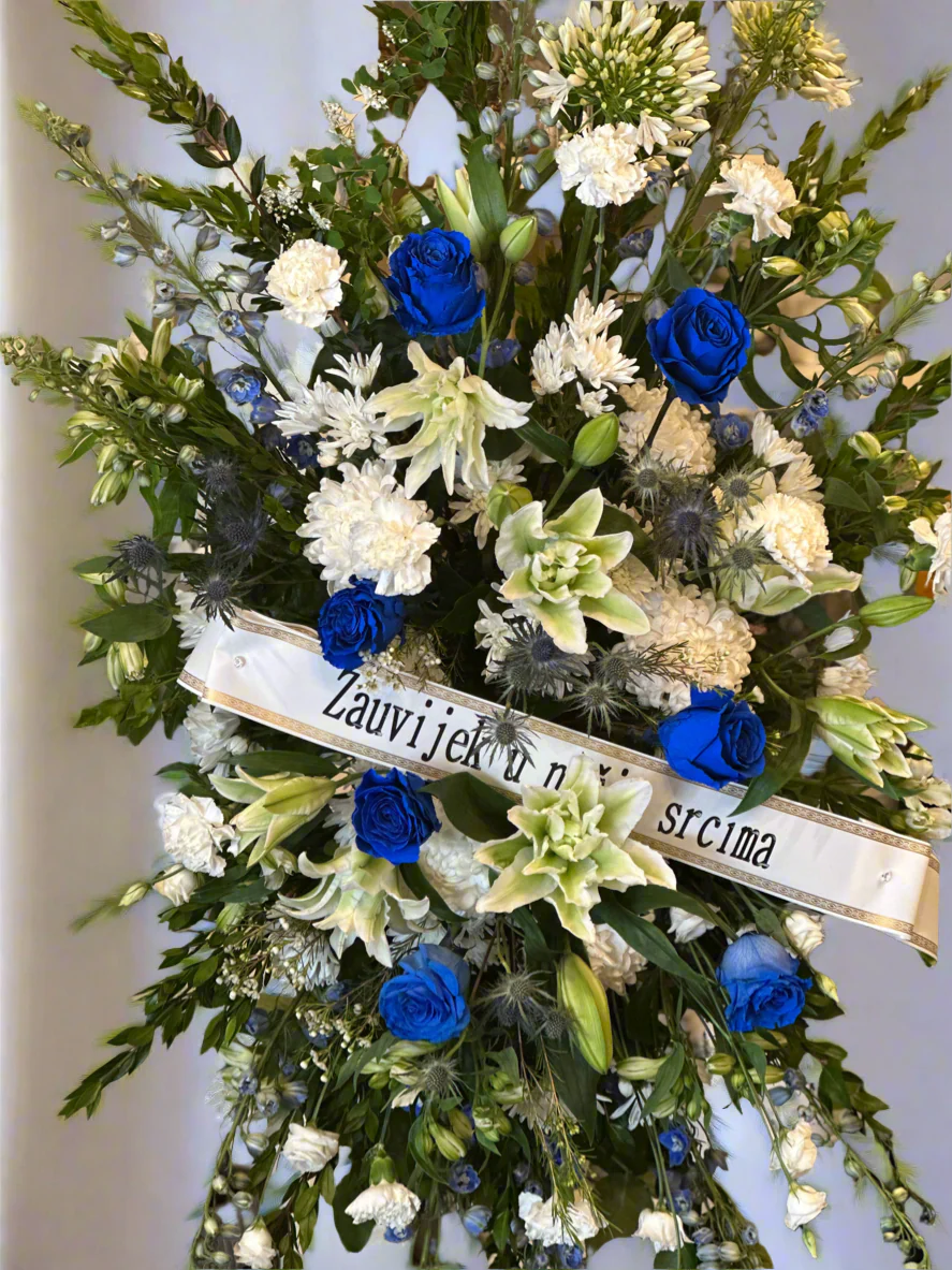 White & Blue Standing Funeral Spray - Image 3